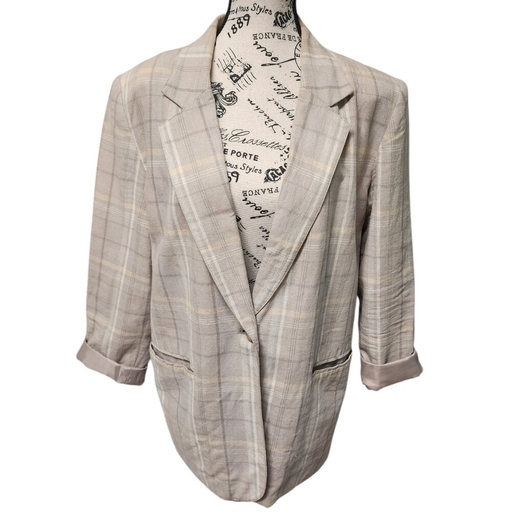 Requirements Women' Linen Blend Plaid Blazer - Beige Checkered - Size 12